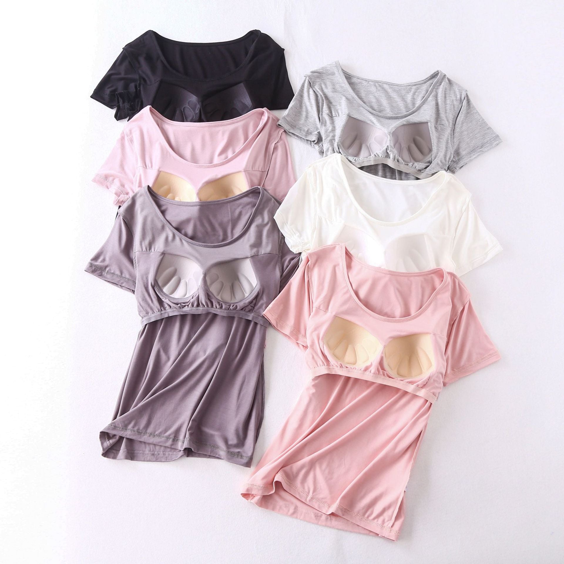 Modal Women's Short-sleeved Pajamas Set with Chest Pad Five-finger Cup Large Size Bra-free Half-sleeved Loose Shorts Home Clothes