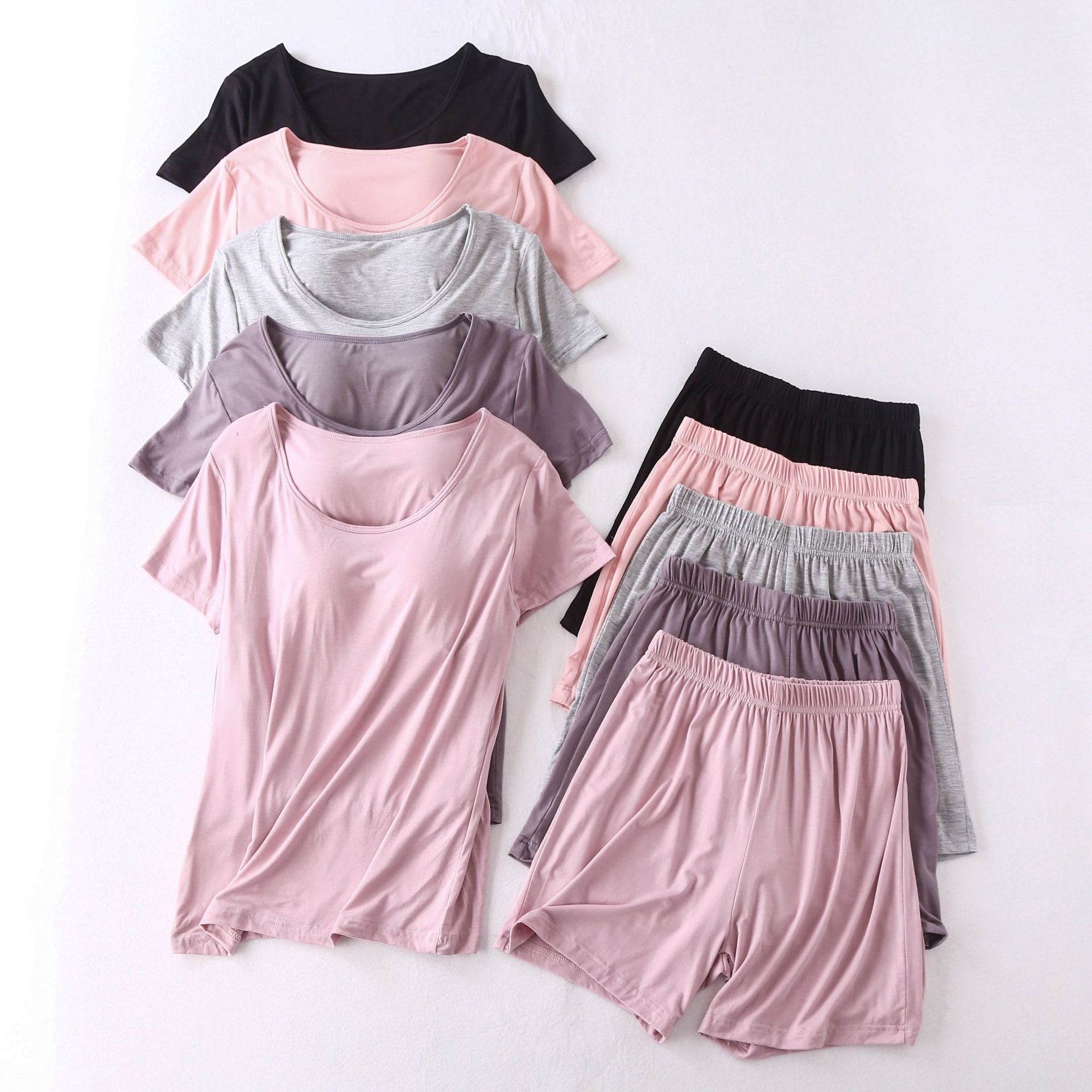 Modal Women's Short-sleeved Pajamas Set with Chest Pad Five-finger Cup Large Size Bra-free Half-sleeved Loose Shorts Home Clothes