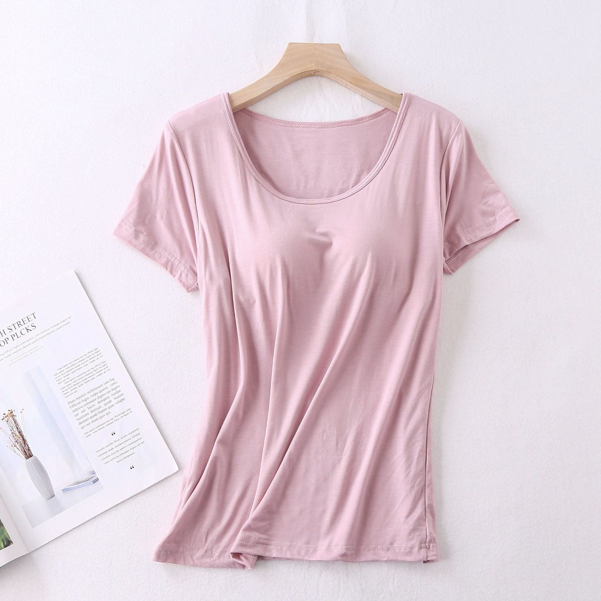 Modal Women's Short-sleeved Pajamas Set with Chest Pad Five-finger Cup Large Size Bra-free Half-sleeved Loose Shorts Home Clothes