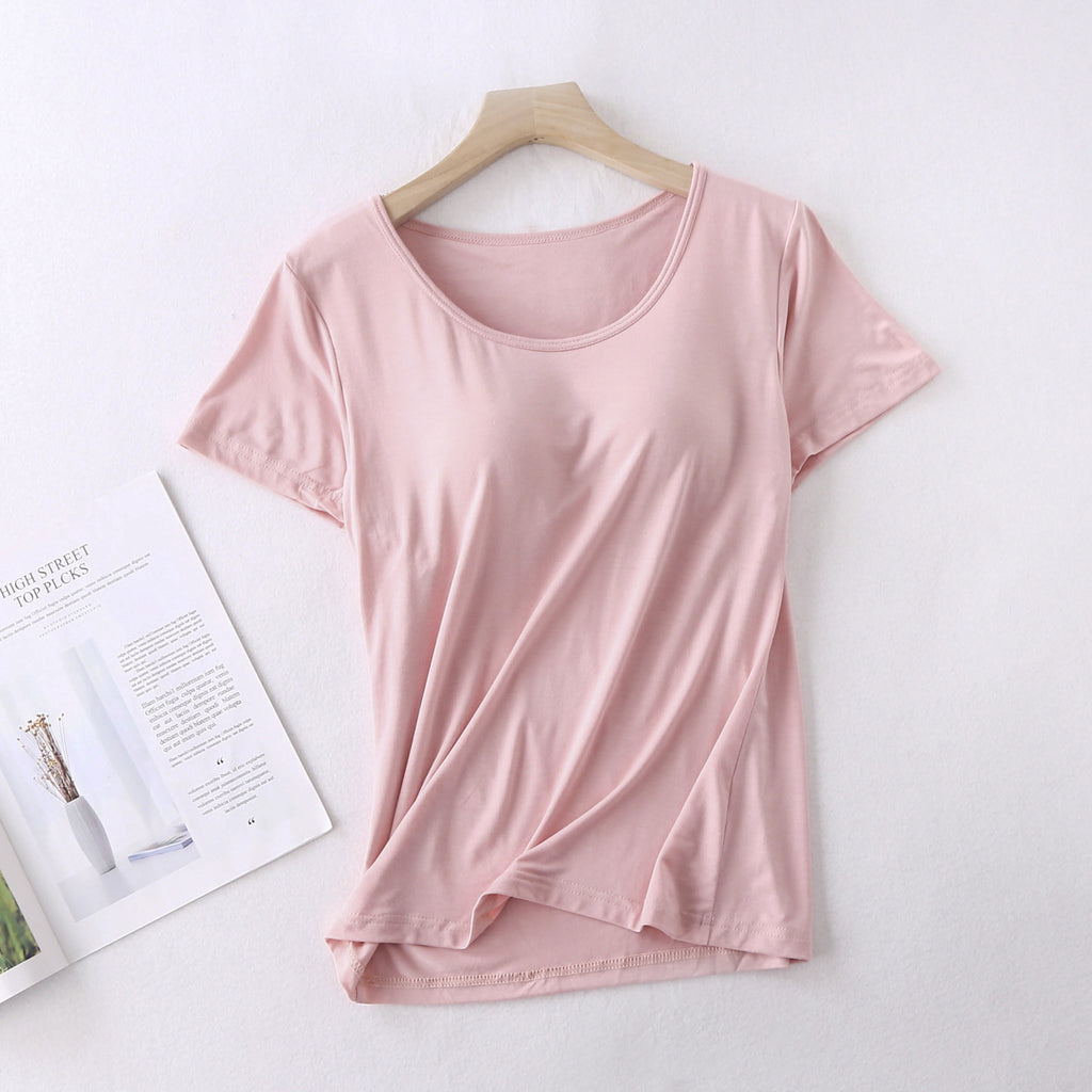 Modal Women's Short-sleeved Pajamas Set with Chest Pad Five-finger Cup Large Size Bra-free Half-sleeved Loose Shorts Home Clothes