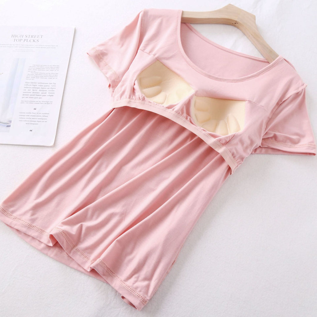 Modal Women's Short-sleeved Pajamas Set with Chest Pad Five-finger Cup Large Size Bra-free Half-sleeved Loose Shorts Home Clothes