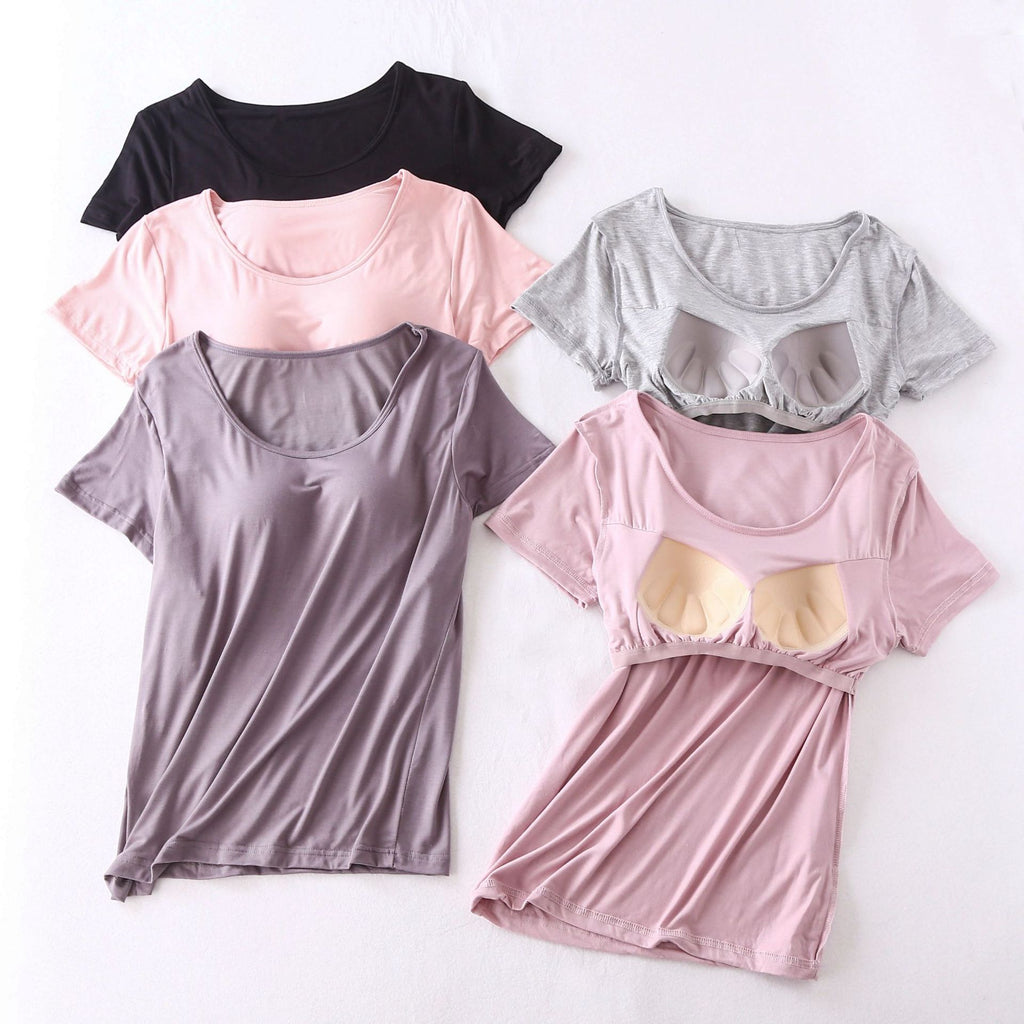 Modal Women's Short-sleeved Pajamas Set with Chest Pad Five-finger Cup Large Size Bra-free Half-sleeved Loose Shorts Home Clothes