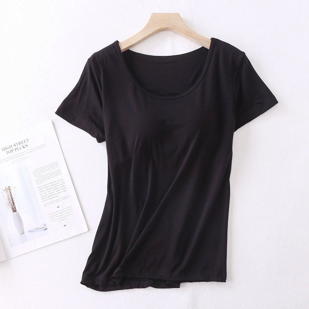 Modal Women's Short-sleeved Pajamas Set with Chest Pad Five-finger Cup Large Size Bra-free Half-sleeved Loose Shorts Home Clothes