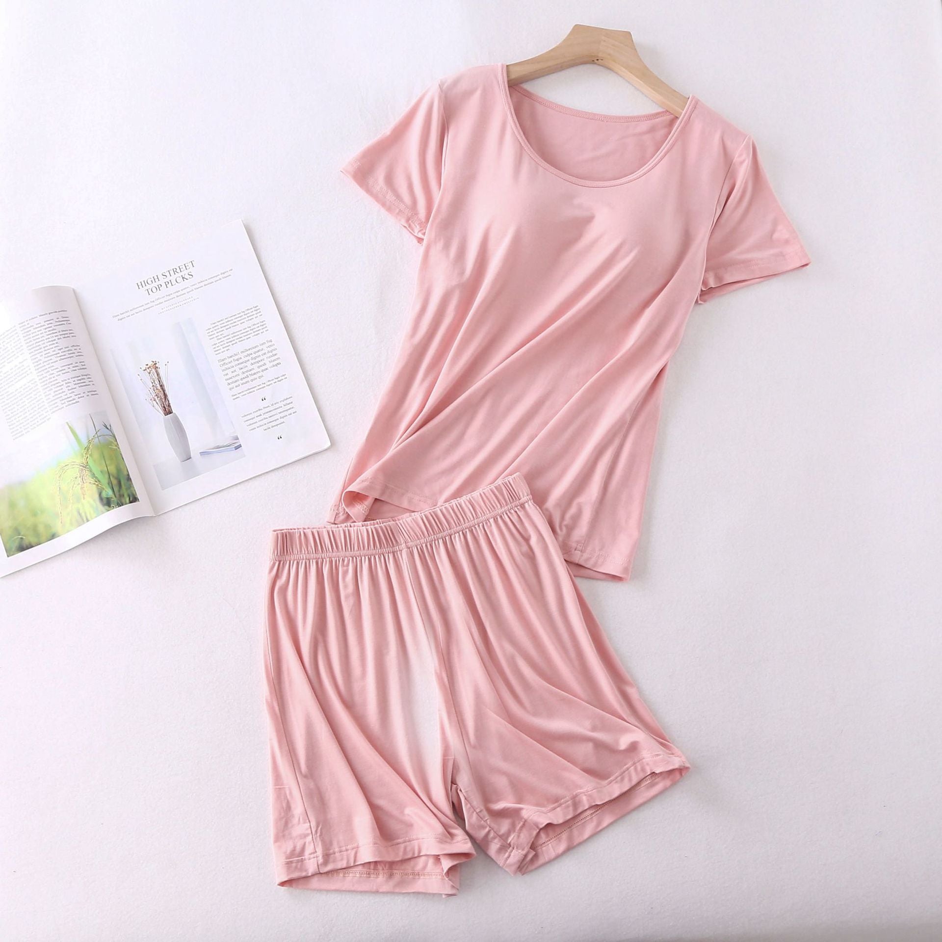 Modal Women's Short-sleeved Pajamas Set with Chest Pad Five-finger Cup Large Size Bra-free Half-sleeved Loose Shorts Home Clothes