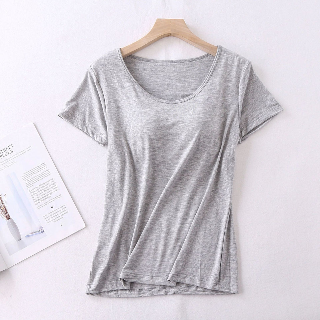 Modal Women's Short-sleeved Pajamas Set with Chest Pad Five-finger Cup Large Size Bra-free Half-sleeved Loose Shorts Home Clothes