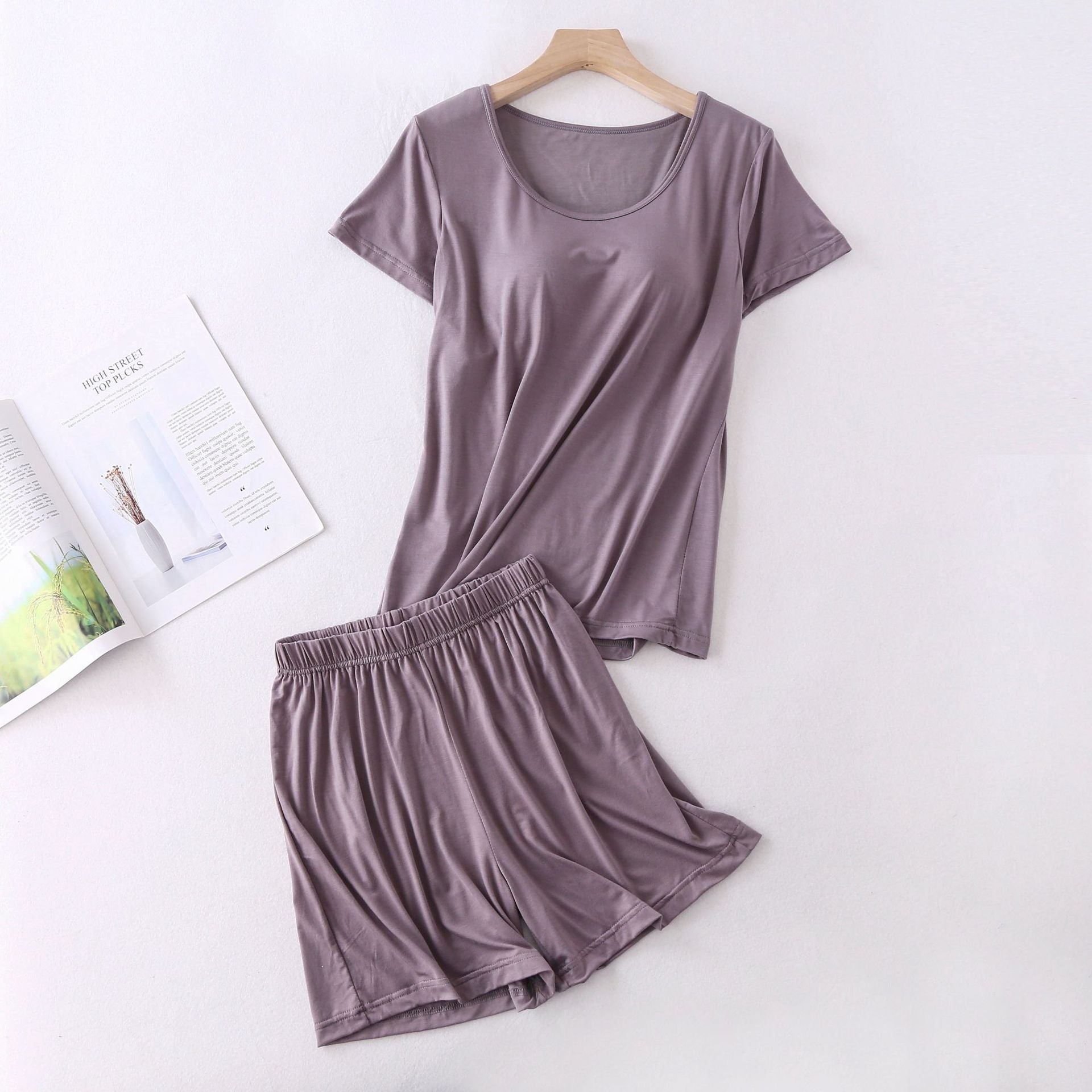 Modal Women's Short-sleeved Pajamas Set with Chest Pad Five-finger Cup Large Size Bra-free Half-sleeved Loose Shorts Home Clothes