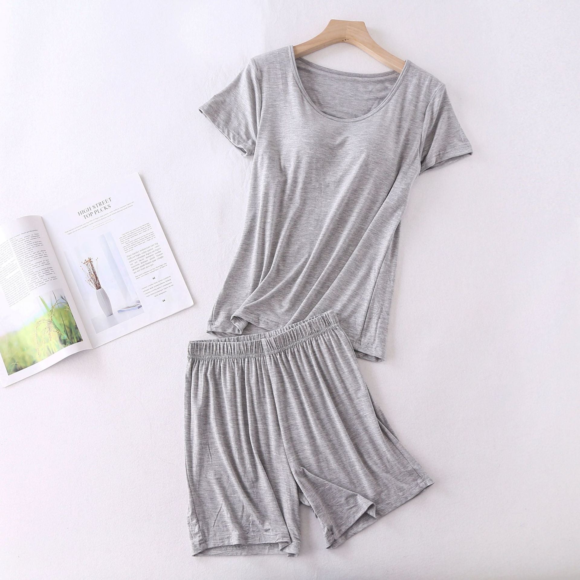 Modal Women's Short-sleeved Pajamas Set with Chest Pad Five-finger Cup Large Size Bra-free Half-sleeved Loose Shorts Home Clothes