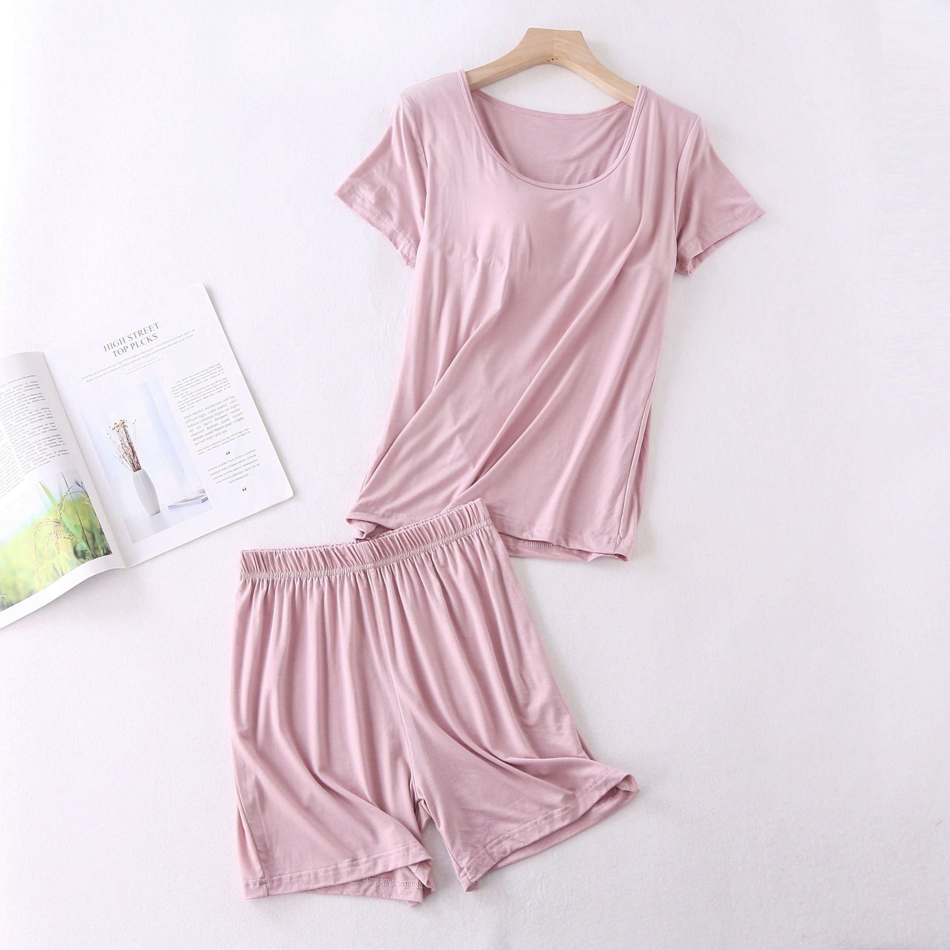 Modal Women's Short-sleeved Pajamas Set with Chest Pad Five-finger Cup Large Size Bra-free Half-sleeved Loose Shorts Home Clothes