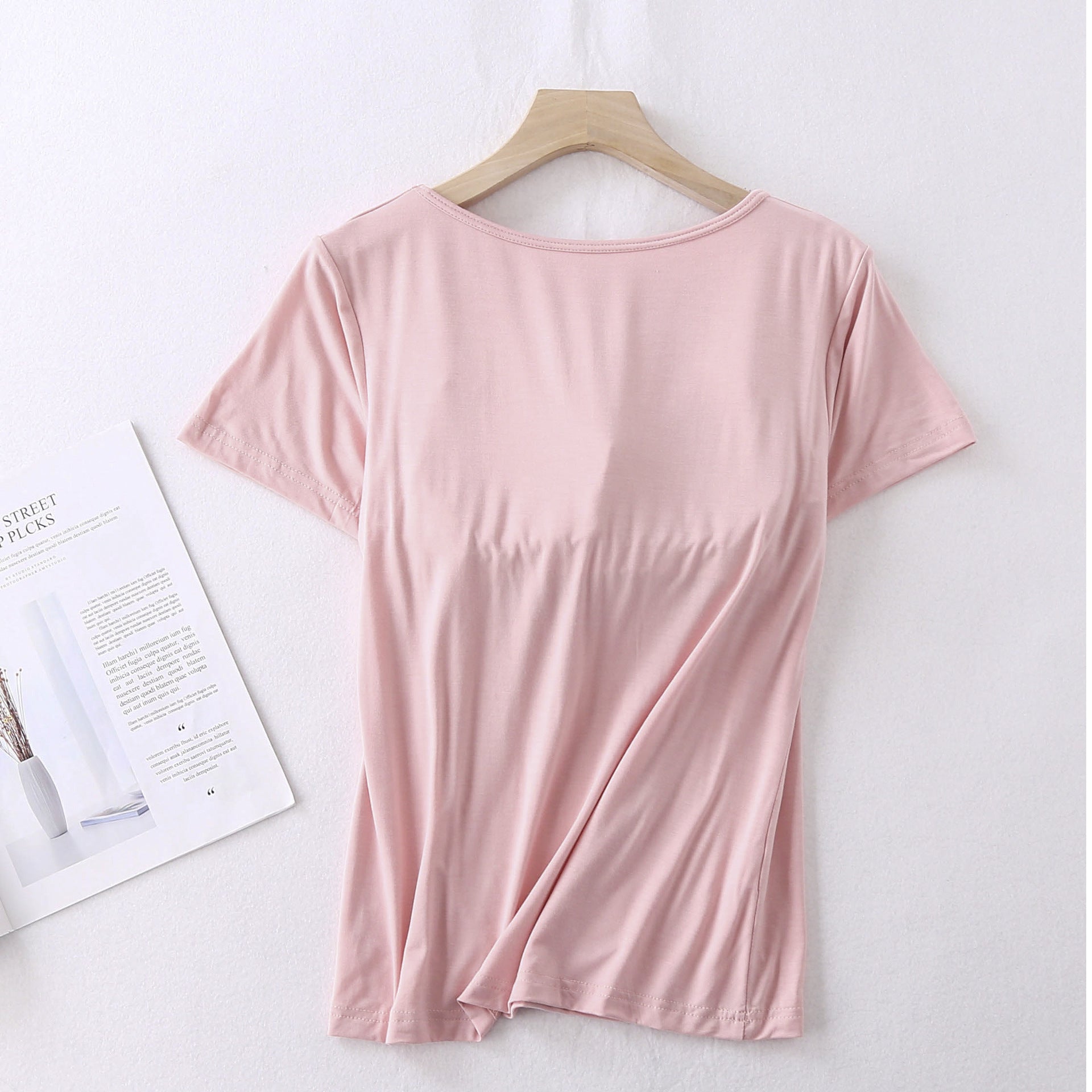 Modal Women's Short-sleeved Pajamas Set with Chest Pad Five-finger Cup Large Size Bra-free Half-sleeved Loose Shorts Home Clothes