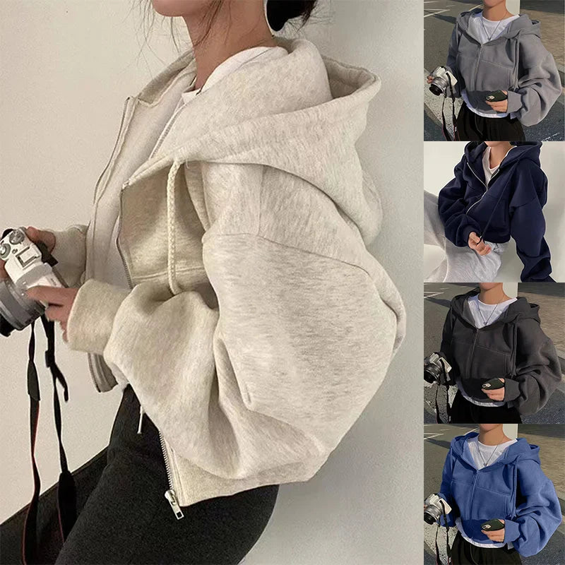 Cropped Fleece-Lined Zip Hoodie - product photo 1