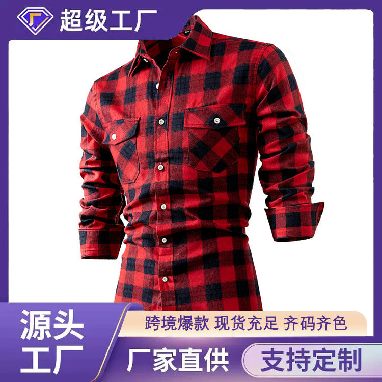 2026 Spring New Amazon Hot-Selling Loose Casual Flannel Long-Sleeve Hooded Plaid Shirt for Men with a High-End Feel