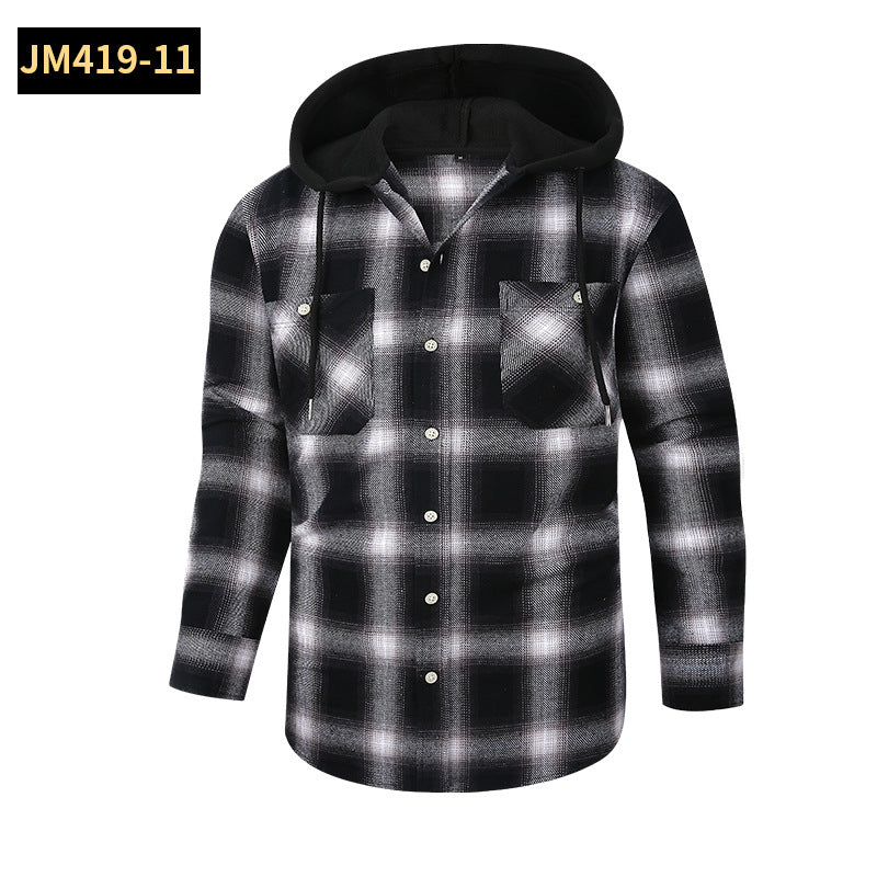 2026 Spring New Amazon Hot-Selling Loose Casual Flannel Long-Sleeve Hooded Plaid Shirt for Men with a High-End Feel