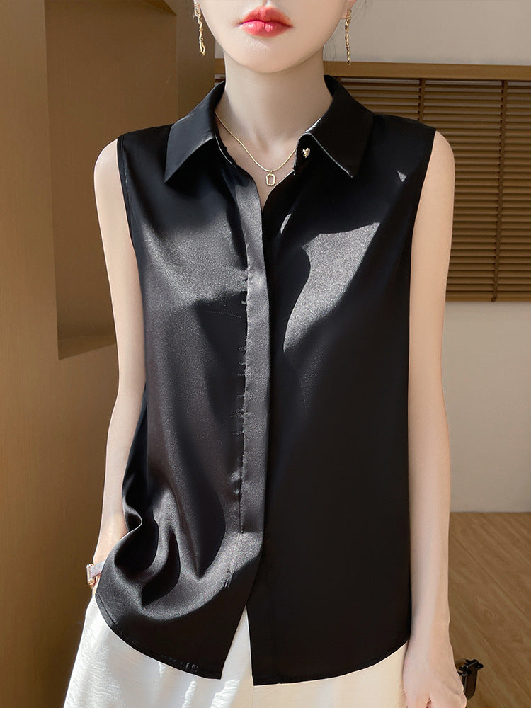 Cross-Border Women's Ice Silk Sleeveless Polo Collar Shirt Women's 2025 New Summer French Style Layered Cardigan Shirt