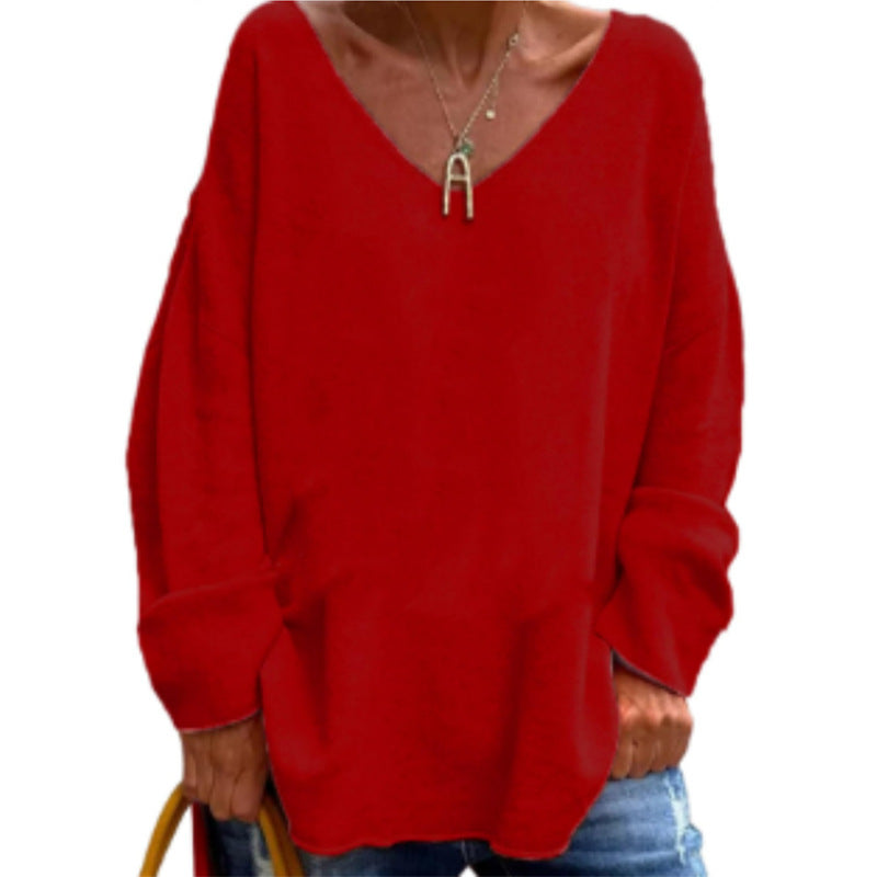 2023 autumn and winter New European and American cross-border foreign trade women's clothing solid color V-neck long sleeve loose casual comfortable T-shirt top