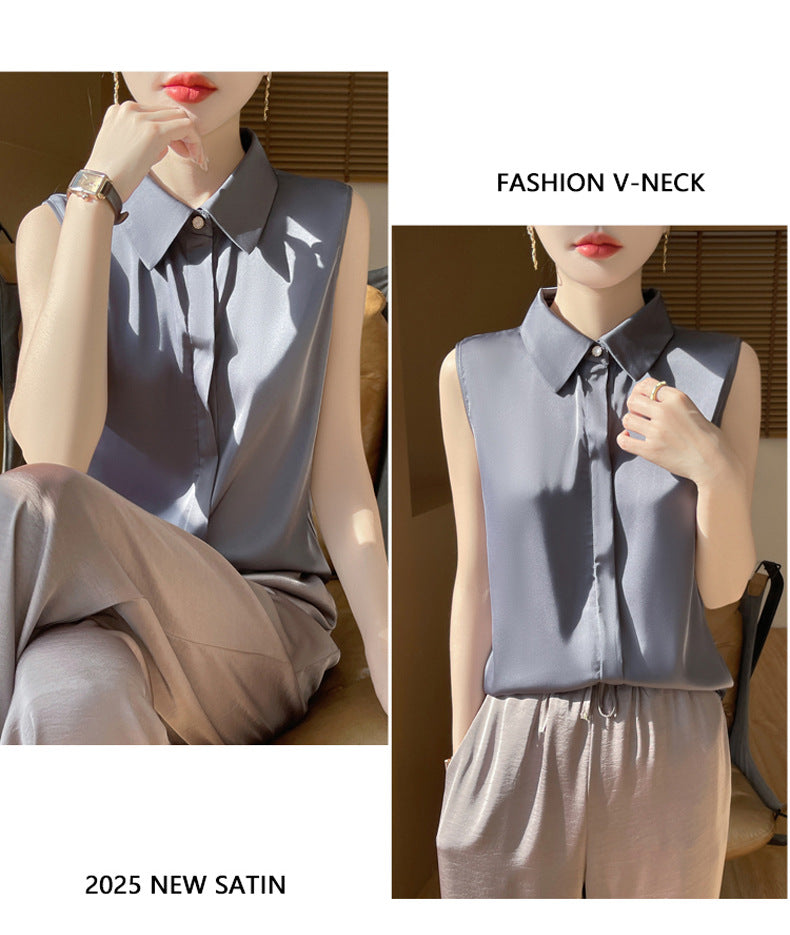 Cross-Border Women's Ice Silk Sleeveless Polo Collar Shirt Women's 2025 New Summer French Style Layered Cardigan Shirt