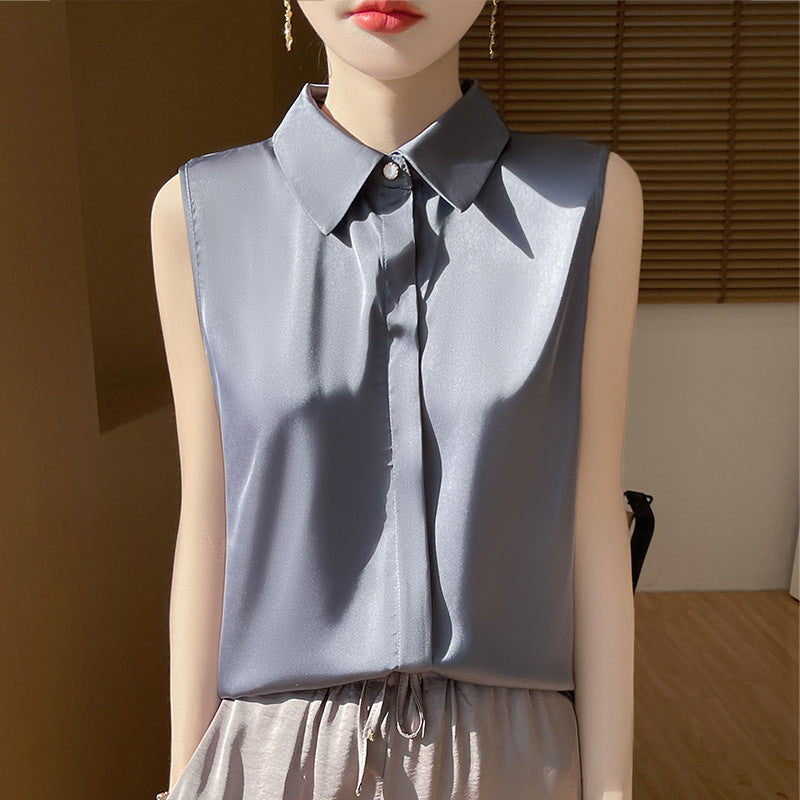 Cross-Border Women's Ice Silk Sleeveless Polo Collar Shirt Women's 2025 New Summer French Style Layered Cardigan Shirt