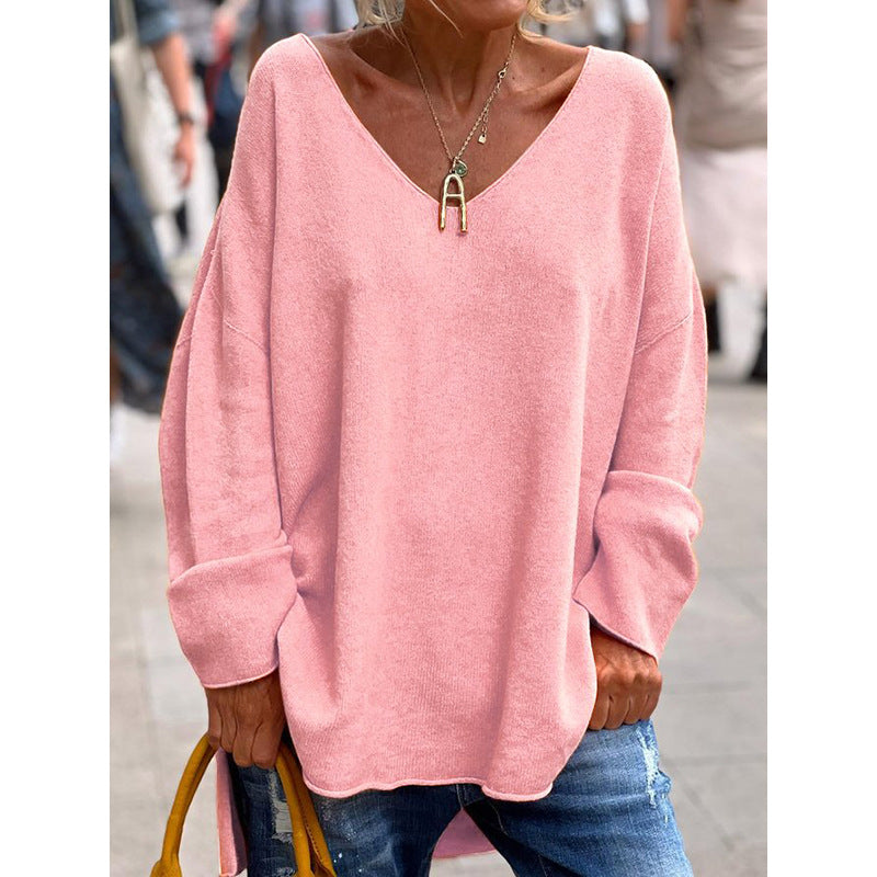 2023 autumn and winter New European and American cross-border foreign trade women's clothing solid color V-neck long sleeve loose casual comfortable T-shirt top