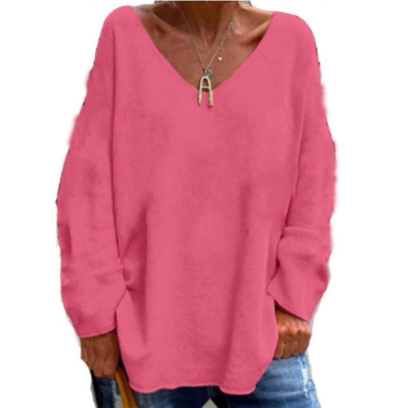 2023 autumn and winter New European and American cross-border foreign trade women's clothing solid color V-neck long sleeve loose casual comfortable T-shirt top
