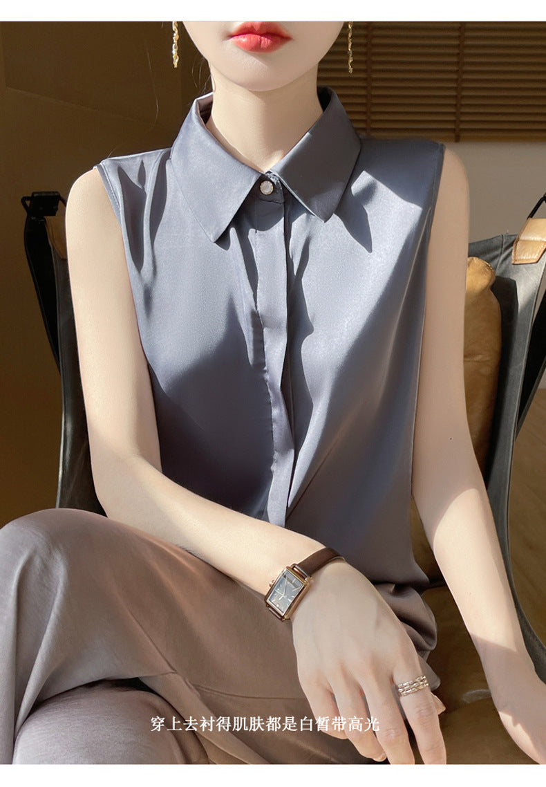 Cross-Border Women's Ice Silk Sleeveless Polo Collar Shirt Women's 2025 New Summer French Style Layered Cardigan Shirt