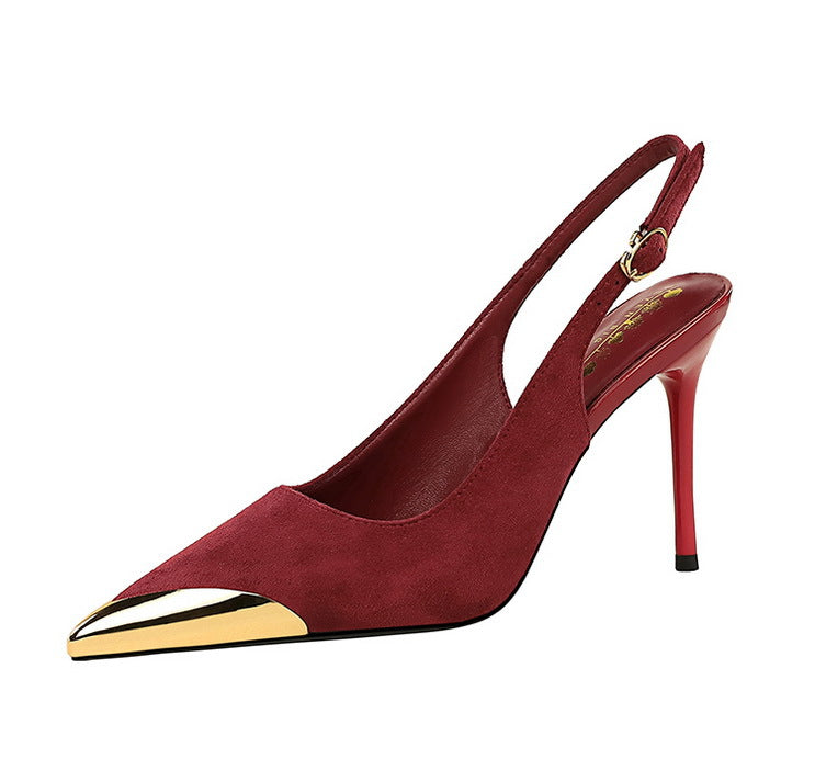 373-32 European and American-style metal pointed high-heeled shoes with thin heels, super high heels, shallow mouth, empty back trip belt, banquet shoes for women