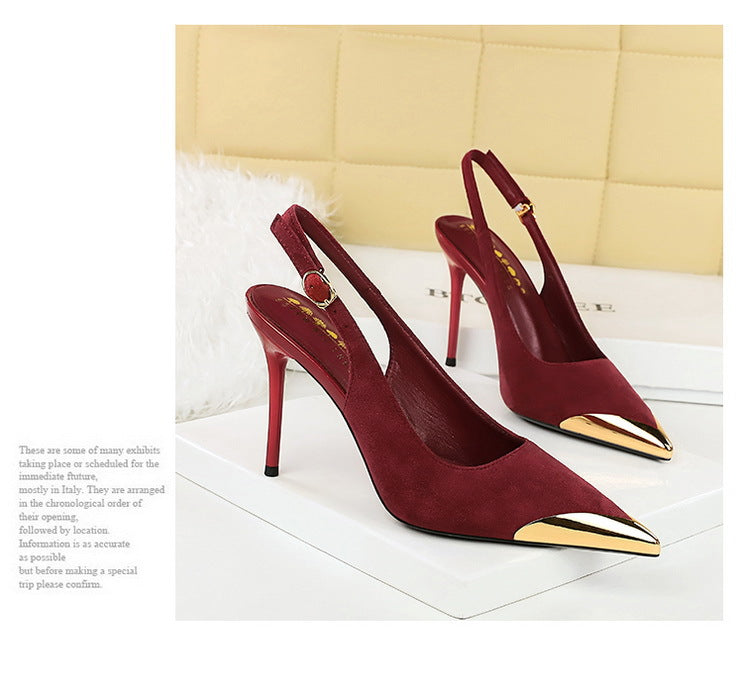 373-32 European and American-style metal pointed high-heeled shoes with thin heels, super high heels, shallow mouth, empty back trip belt, banquet shoes for women