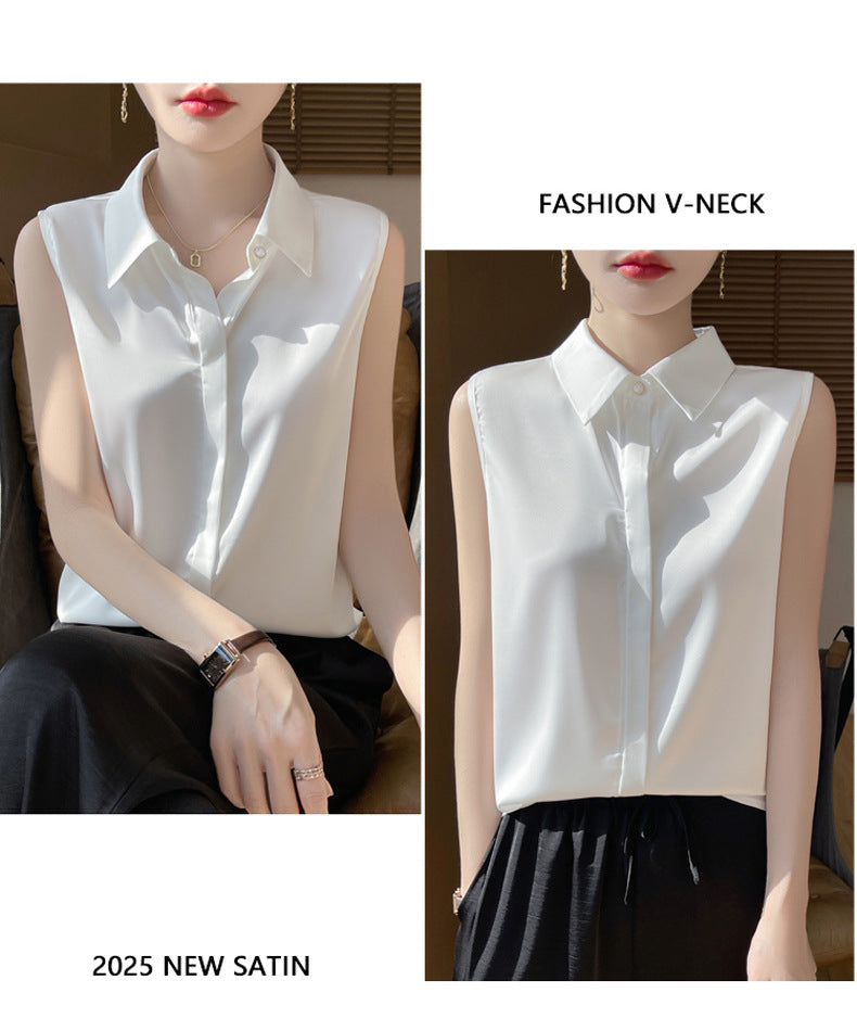 Cross-Border Women's Ice Silk Sleeveless Polo Collar Shirt Women's 2025 New Summer French Style Layered Cardigan Shirt