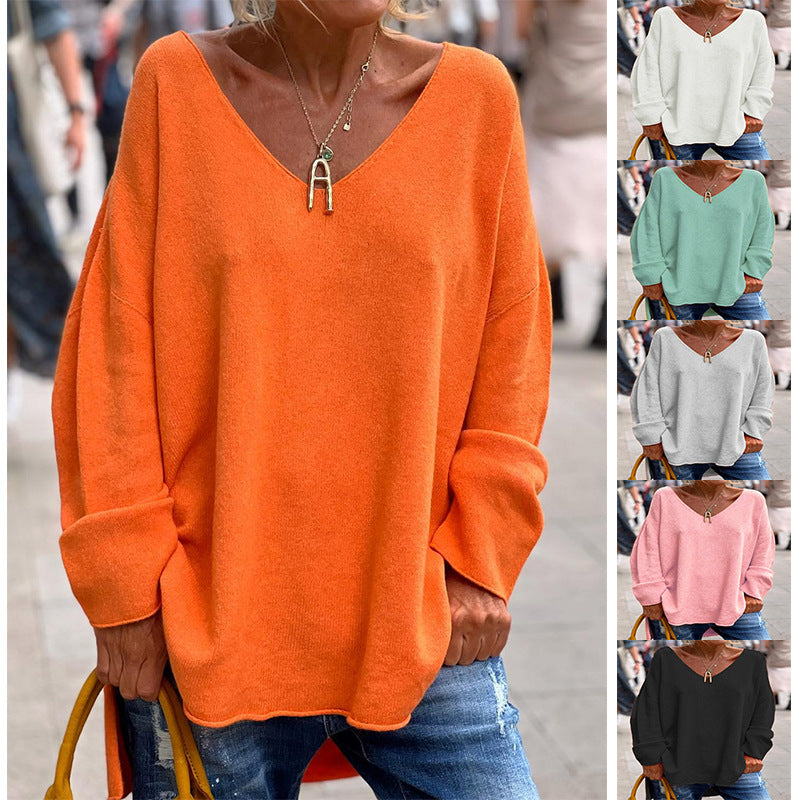 2023 autumn and winter New European and American cross-border foreign trade women's clothing solid color V-neck long sleeve loose casual comfortable T-shirt top
