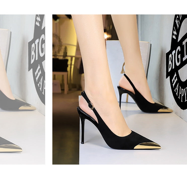 373-32 European and American-style metal pointed high-heeled shoes with thin heels, super high heels, shallow mouth, empty back trip belt, banquet shoes for women