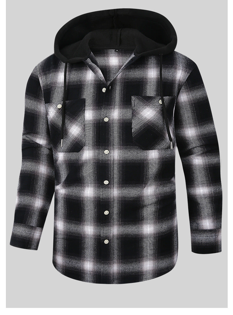 2026 Spring New Amazon Hot-Selling Loose Casual Flannel Long-Sleeve Hooded Plaid Shirt for Men with a High-End Feel