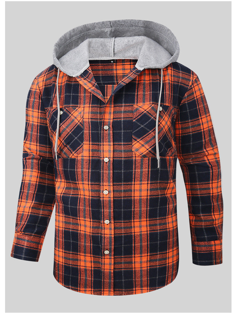 2026 Spring New Amazon Hot-Selling Loose Casual Flannel Long-Sleeve Hooded Plaid Shirt for Men with a High-End Feel