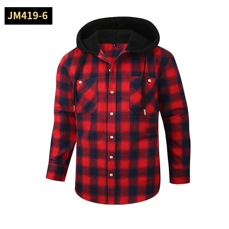 2026 Spring New Amazon Hot-Selling Loose Casual Flannel Long-Sleeve Hooded Plaid Shirt for Men with a High-End Feel