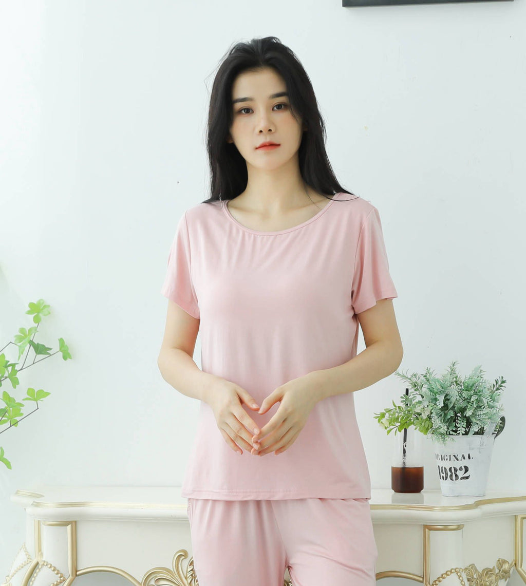 Modal Women's Short-sleeved Pajamas Set with Chest Pad Five-finger Cup Large Size Bra-free Half-sleeved Loose Shorts Home Clothes