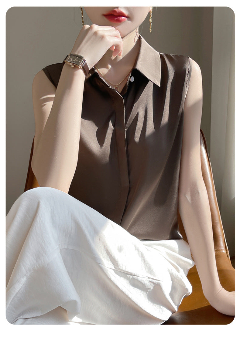 Cross-Border Women's Ice Silk Sleeveless Polo Collar Shirt Women's 2025 New Summer French Style Layered Cardigan Shirt