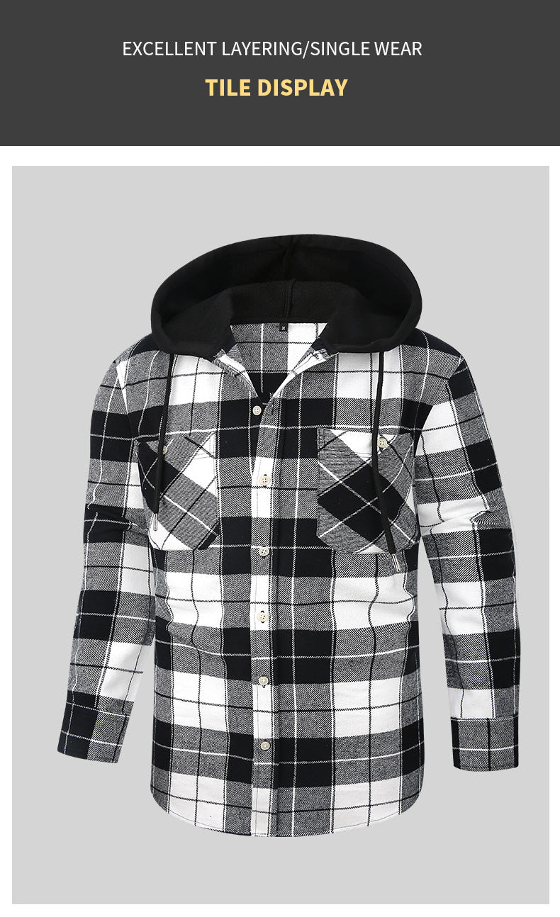 2026 Spring New Amazon Hot-Selling Loose Casual Flannel Long-Sleeve Hooded Plaid Shirt for Men with a High-End Feel