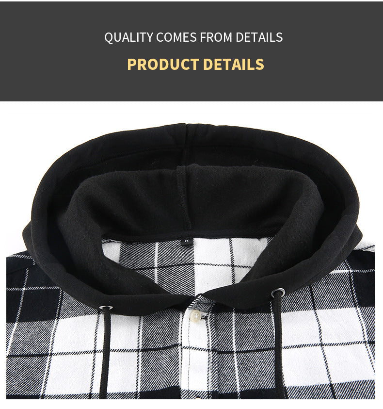 2026 Spring New Amazon Hot-Selling Loose Casual Flannel Long-Sleeve Hooded Plaid Shirt for Men with a High-End Feel