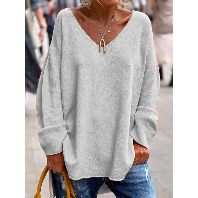 2023 autumn and winter New European and American cross-border foreign trade women's clothing solid color V-neck long sleeve loose casual comfortable T-shirt top