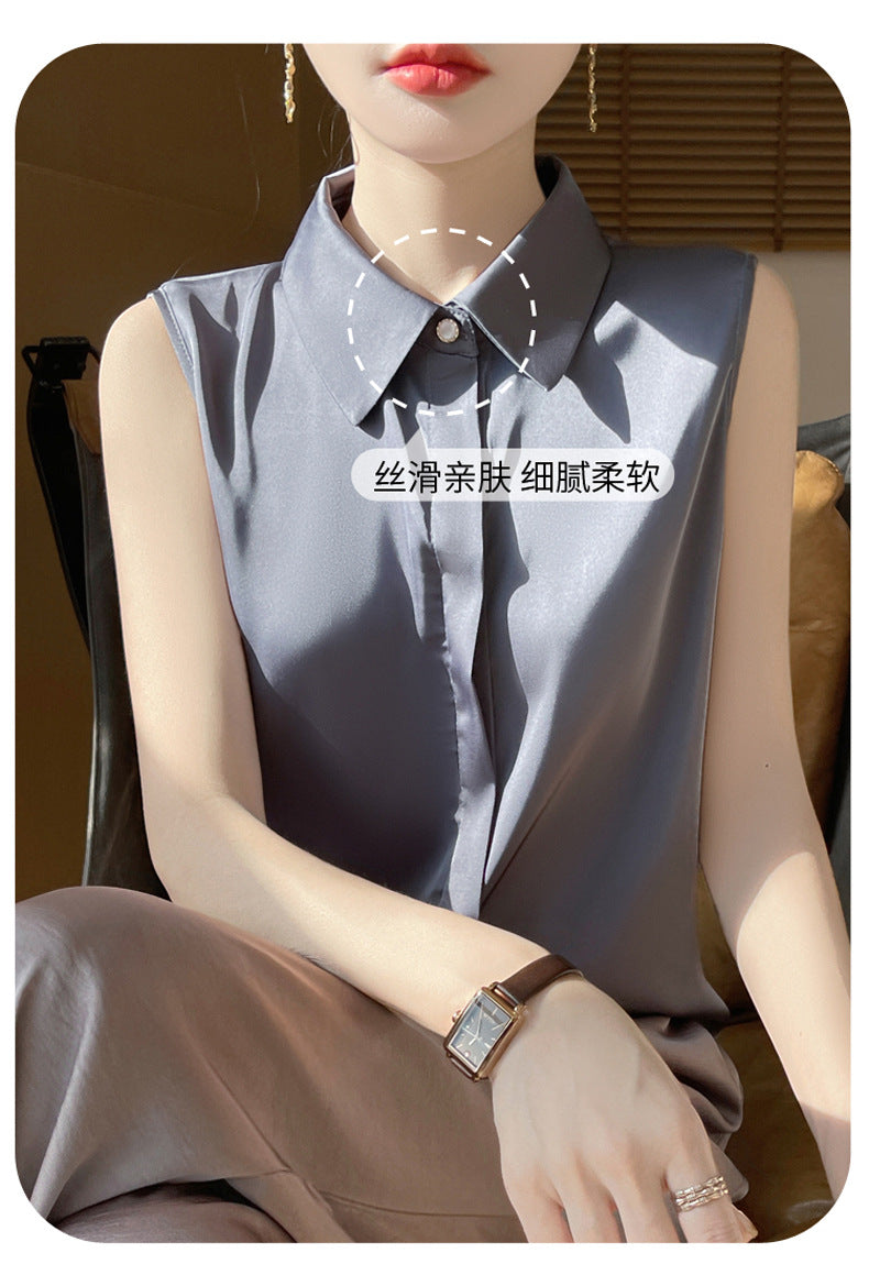 Cross-Border Women's Ice Silk Sleeveless Polo Collar Shirt Women's 2025 New Summer French Style Layered Cardigan Shirt