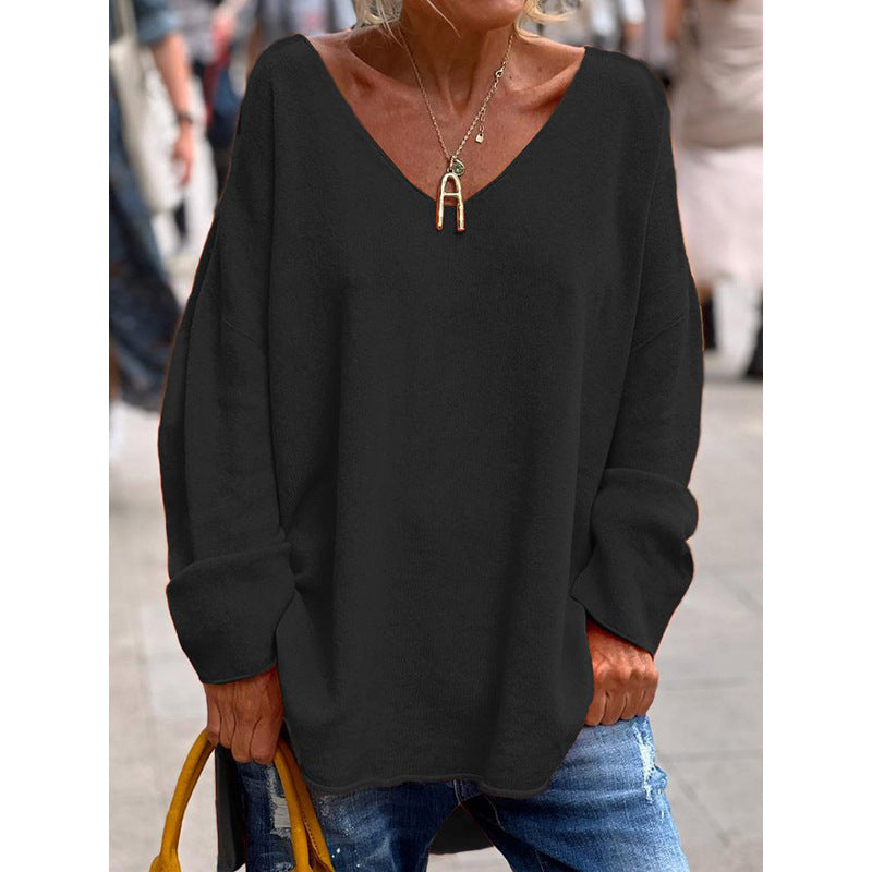 2023 autumn and winter New European and American cross-border foreign trade women's clothing solid color V-neck long sleeve loose casual comfortable T-shirt top