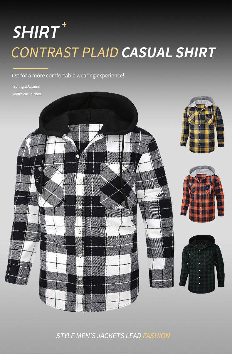 2026 Spring New Amazon Hot-Selling Loose Casual Flannel Long-Sleeve Hooded Plaid Shirt for Men with a High-End Feel