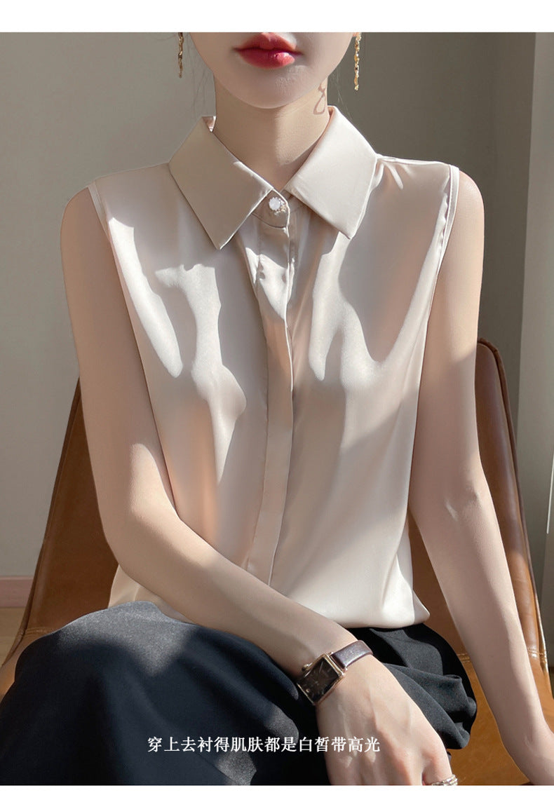 Cross-Border Women's Ice Silk Sleeveless Polo Collar Shirt Women's 2025 New Summer French Style Layered Cardigan Shirt