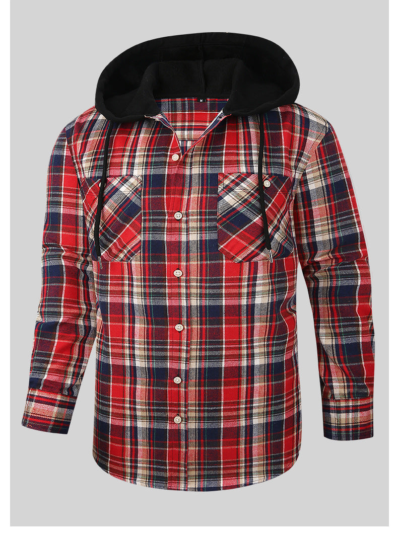 2026 Spring New Amazon Hot-Selling Loose Casual Flannel Long-Sleeve Hooded Plaid Shirt for Men with a High-End Feel