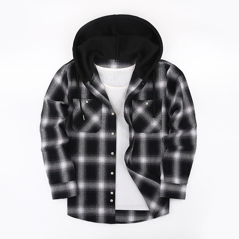 2026 Spring New Amazon Hot-Selling Loose Casual Flannel Long-Sleeve Hooded Plaid Shirt for Men with a High-End Feel