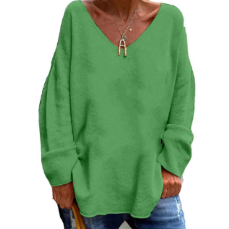 2023 autumn and winter New European and American cross-border foreign trade women's clothing solid color V-neck long sleeve loose casual comfortable T-shirt top