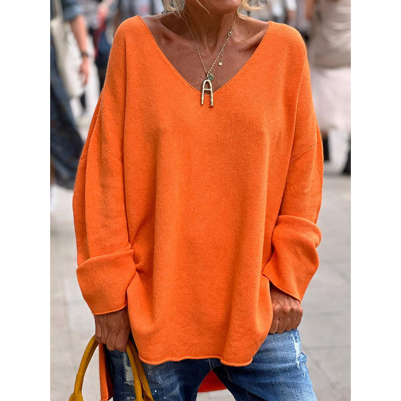 2023 autumn and winter New European and American cross-border foreign trade women's clothing solid color V-neck long sleeve loose casual comfortable T-shirt top
