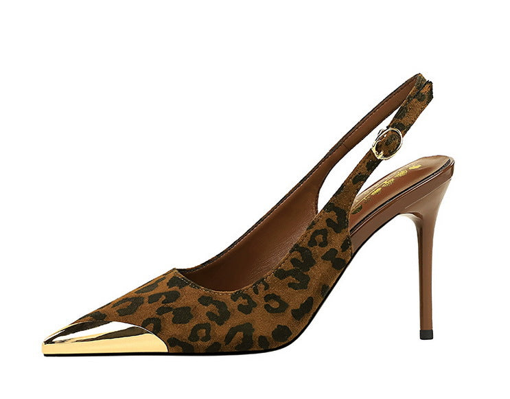 373-32 European and American-style metal pointed high-heeled shoes with thin heels, super high heels, shallow mouth, empty back trip belt, banquet shoes for women