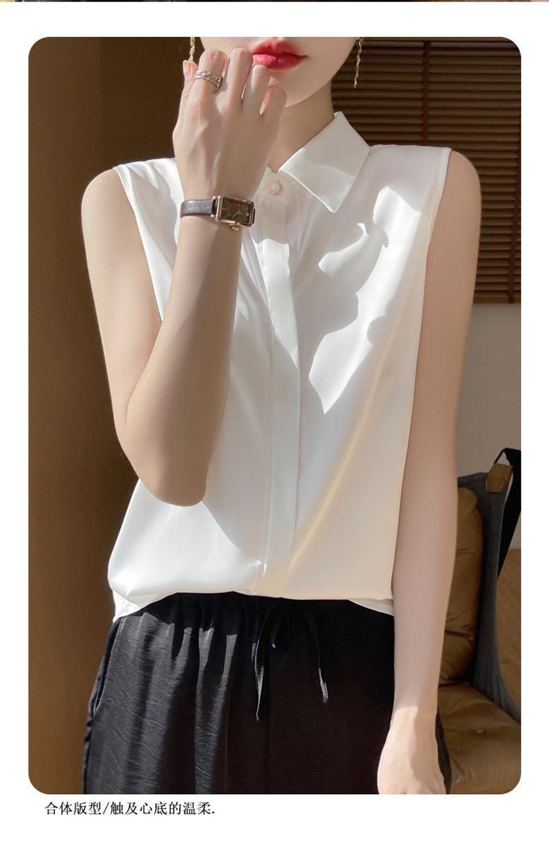 Cross-Border Women's Ice Silk Sleeveless Polo Collar Shirt Women's 2025 New Summer French Style Layered Cardigan Shirt