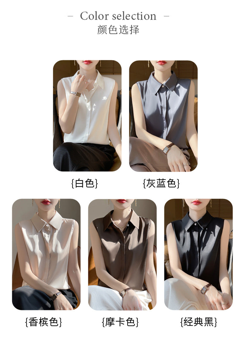 Cross-Border Women's Ice Silk Sleeveless Polo Collar Shirt Women's 2025 New Summer French Style Layered Cardigan Shirt
