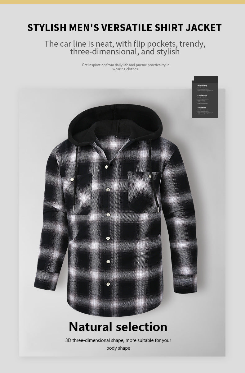 2026 Spring New Amazon Hot-Selling Loose Casual Flannel Long-Sleeve Hooded Plaid Shirt for Men with a High-End Feel