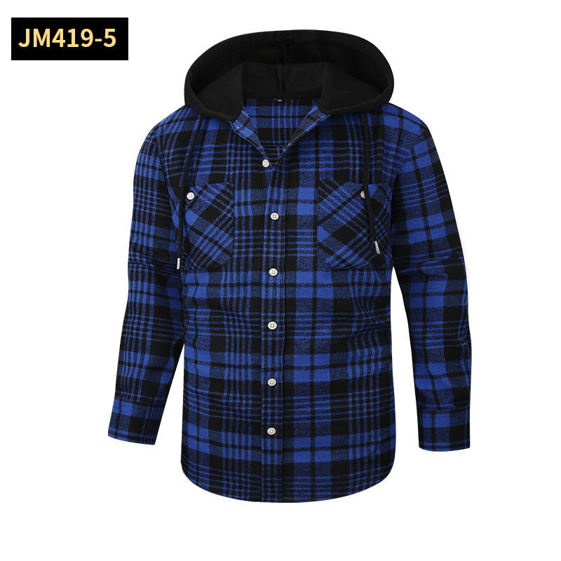 2026 Spring New Amazon Hot-Selling Loose Casual Flannel Long-Sleeve Hooded Plaid Shirt for Men with a High-End Feel