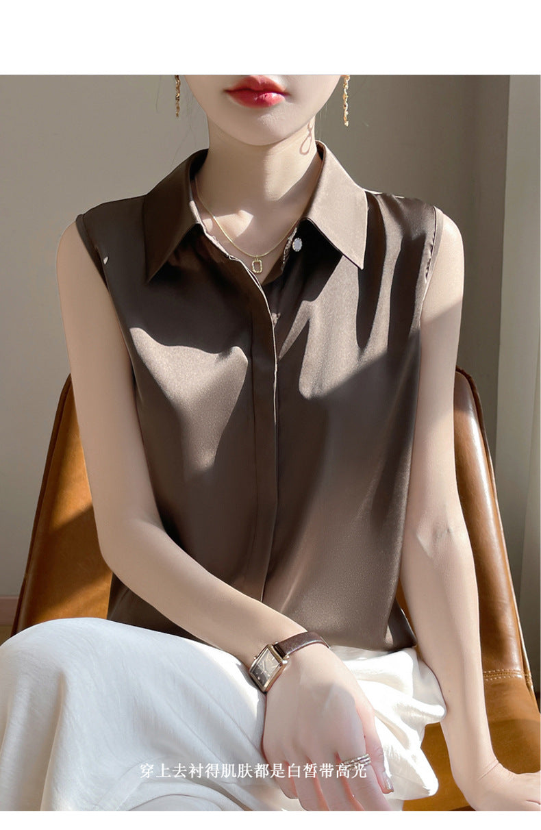 Cross-Border Women's Ice Silk Sleeveless Polo Collar Shirt Women's 2025 New Summer French Style Layered Cardigan Shirt